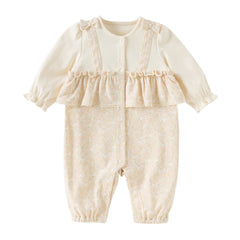 Dave&Bella Baby Girls Autumn Beige Floral Indoor Cotton One-Pieces Romper