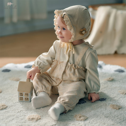 Dave&Bella Baby Girls Autumn Beige Floral Indoor Cotton One-Pieces Romper