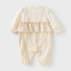 Dave&Bella Baby Girls Autumn Beige Floral Indoor Cotton One-Pieces Romper