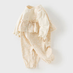 Dave&Bella Baby Girls Autumn Beige Floral Indoor Cotton One-Pieces Romper