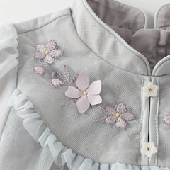 Dave&Bella Toddler Girls Blue Classic Flower Embroidery Soft Mesh Chinese-style Dress