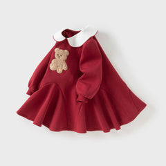 Dave&Bella Toddler Girls Autumn Red Cute Bear A-line Dress