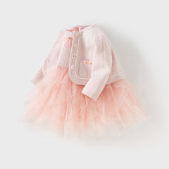 Dave&Bella Kids Girls Autumn Elegant Pink Cardigan Pinafore Mesh Dress Two Pieces Set