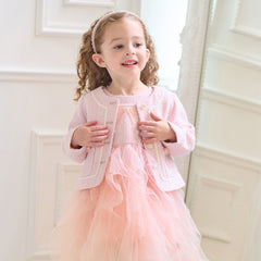 Dave&Bella Kids Girls Autumn Elegant Pink Cardigan Pinafore Mesh Dress Two Pieces Set