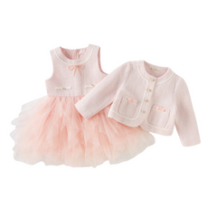 Dave&Bella Kids Girls Autumn Elegant Pink Cardigan Pinafore Mesh Dress Two Pieces Set