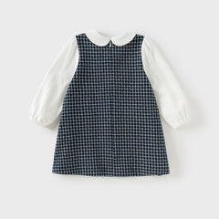 Dave&Bella Girls Autumn Navy Blue Plaid Sweet Fake Two-Piece Dress