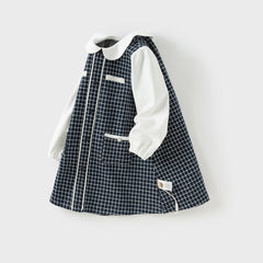 Dave&Bella Girls Autumn Navy Blue Plaid Sweet Fake Two-Piece Dress
