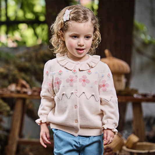 Dave&Bella Girls Autumn Cotton Sweet Pink Floral Print Sweater Cardigan Coat