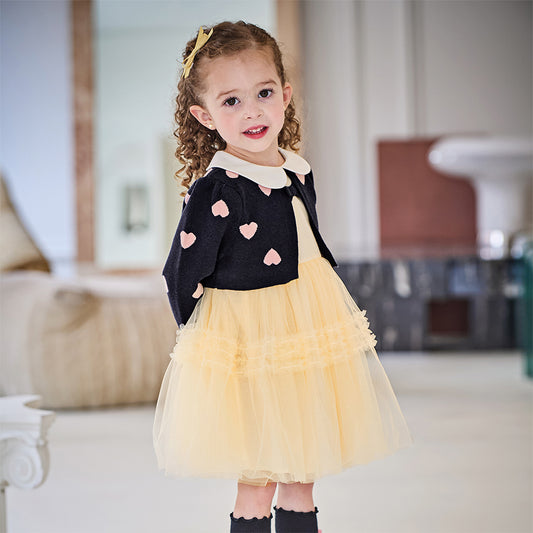 Dave&Bella Toddler Girls Autumn Navy Blue Delicate Fake Two Piece Sweater Mesh Dress