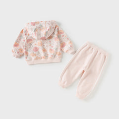 Dave&Bella Girls Autumn Cotton Outdoor Sweet Floral Print Hooded Coat Pants Set