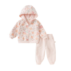 Dave&Bella Girls Autumn Cotton Outdoor Sweet Floral Print Hooded Coat Pants Set