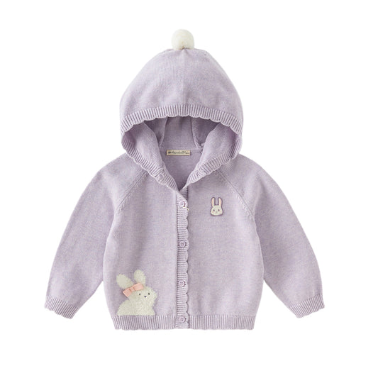 Dave&Bella Toddler Girls Autumn Purple Sweet Rabbit Print Hooded Knit Coats