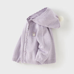 Dave&Bella Toddler Girls Autumn Purple Sweet Rabbit Print Hooded Knit Coats