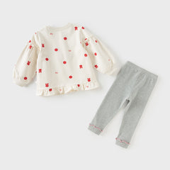 Dave&Bella Girls Autumn Cotton Beige Print T-shirt Pants Two Piece Outfits Set