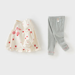 Dave&Bella Girls Autumn Cotton Beige Print T-shirt Pants Two Piece Outfits Set