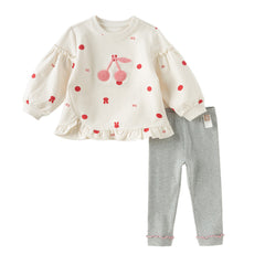 Dave&Bella Girls Autumn Cotton Beige Print T-shirt Pants Two Piece Outfits Set