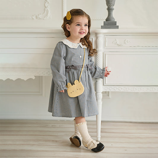 Dave&Bella Girls Autumn Cotton Sweet Grey Plaid A-line Princess Dress(wallet bag)