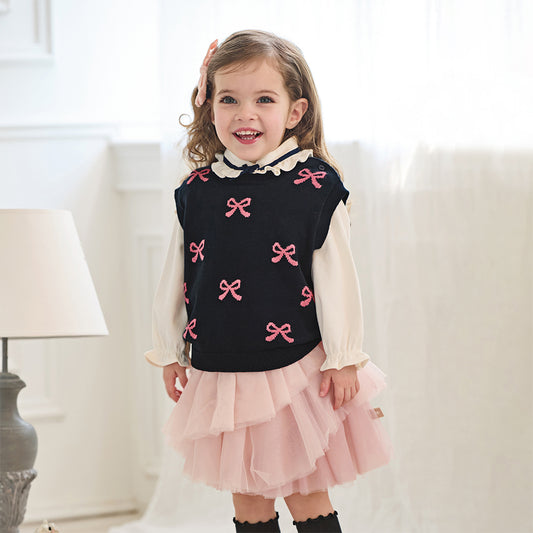 Dave&Bella Toddler Girls Autumn Navy Blue Cotton Sleeveless Elaborate Vests Tops