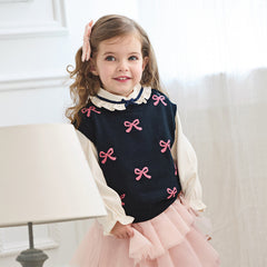 Dave&Bella Toddler Girls Autumn Navy Blue Cotton Sleeveless Elaborate Vests Tops