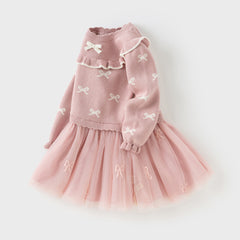 Dave&Bella Toddler Girls Autumn Noble Pink Mesh Sweater A-line Princess Dress