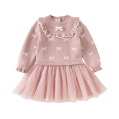 Dave&Bella Toddler Girls Autumn Noble Pink Mesh Sweater A-line Princess Dress