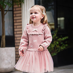 Dave&Bella Toddler Girls Autumn Noble Pink Mesh Sweater A-line Princess Dress