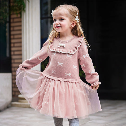Dave&Bella Toddler Girls Autumn Noble Pink Mesh Sweater A-line Princess Dress