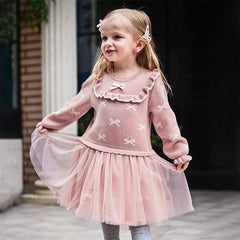 Dave&Bella Toddler Girls Autumn Noble Pink Mesh Sweater A-line Princess Dress