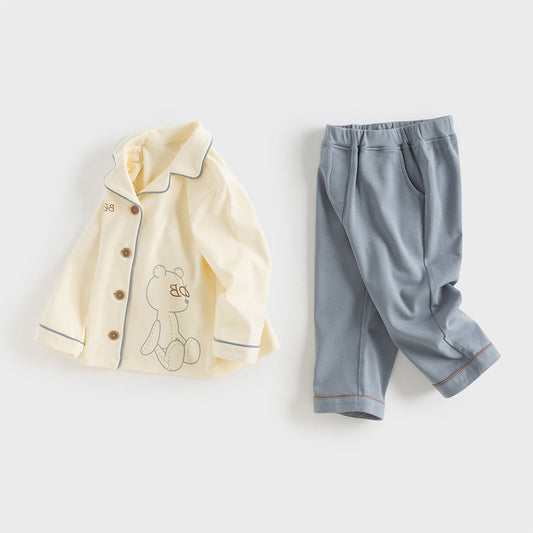 Dave&Bella Boys Autumn Cotton Beige Bear Print Knitted Pajamas Homewear Two Piece Set