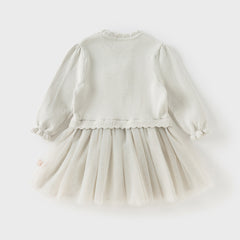 Dave&Bella Toddler Girls Autumn Light Grey Cat Print Cute Knit Sweater Mesh Party Dress