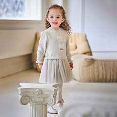 Dave&Bella Toddler Girls Autumn Light Grey Cat Print Cute Knit Sweater Mesh Party Dress