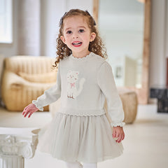 Dave&Bella Toddler Girls Autumn Light Grey Cat Print Cute Knit Sweater Mesh Party Dress