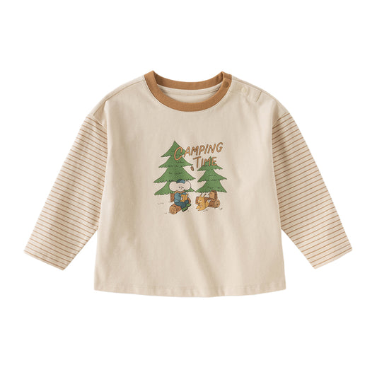 Dave&Bella Boys Autumn Soft Cotton Apricot Striped Tree Print T-shirt Top