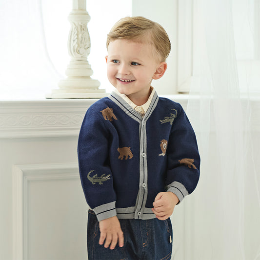 Dave&Bella Toddler Boys Autumn Cotton Navy Blue Animal Print Cardigans Jacket