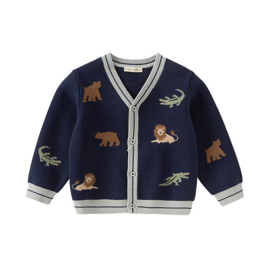 Dave&Bella Toddler Boys Autumn Cotton Navy Blue Animal Print Cardigans Jacket