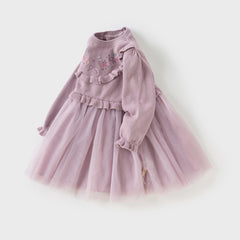 Dave&Bella Toddler Girls Autumn Noble Purple Embroidery Sweater Mesh Princess Dress