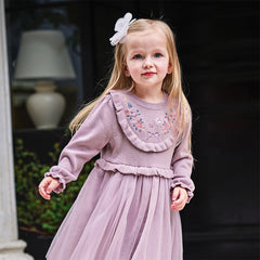 Dave&Bella Toddler Girls Autumn Noble Purple Embroidery Sweater Mesh Princess Dress