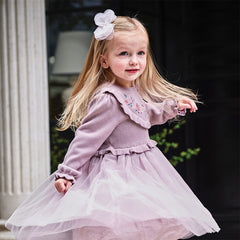 Dave&Bella Toddler Girls Autumn Noble Purple Embroidery Sweater Mesh Princess Dress