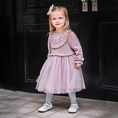 Dave&Bella Toddler Girls Autumn Noble Purple Embroidery Sweater Mesh Princess Dress