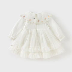 Dave&Bella Girls Autumn Sweet Beige Mesh Flower Embroidery Princess Dress