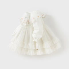 Dave&Bella Girls Autumn Sweet Beige Mesh Flower Embroidery Princess Dress