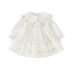 Dave&Bella Girls Autumn Sweet Beige Mesh Flower Embroidery Princess Dress