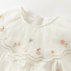 Dave&Bella Girls Autumn Sweet Beige Mesh Flower Embroidery Princess Dress