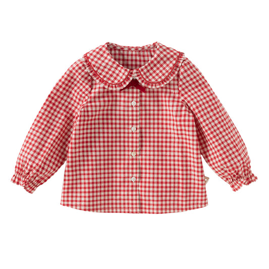 Dave&Blla Girls Autumn Cotton Red White Plaid Long Sleeve Shirt Top