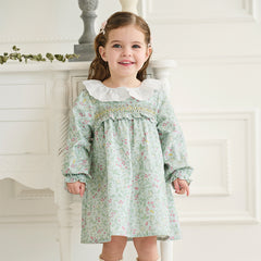Dave&Bella Girls Autumn Cotton Green Floral Print Long Sleeve Princess Dress