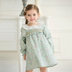 Dave&Bella Girls Autumn Cotton Green Floral Print Long Sleeve Princess Dress