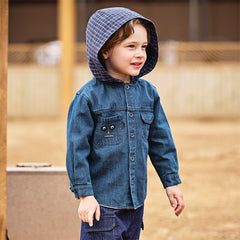 Dave&Bella Toddler Boys Autumn Denim Blue Cotton Hooded Cowboy Shirts Tops