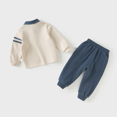 Dave&Bella Boys Autumn Beige Casual Polo Shirt Pants Two Piece Sets