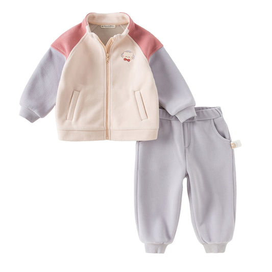 Dave&Bella Toddler Girls/Boys Apricot/Blue Fleece Coat Long Pants Outfit Sets