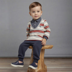 Dave&Bella Toddler Boys Playful Red White Striped Two-piece Pants Suits